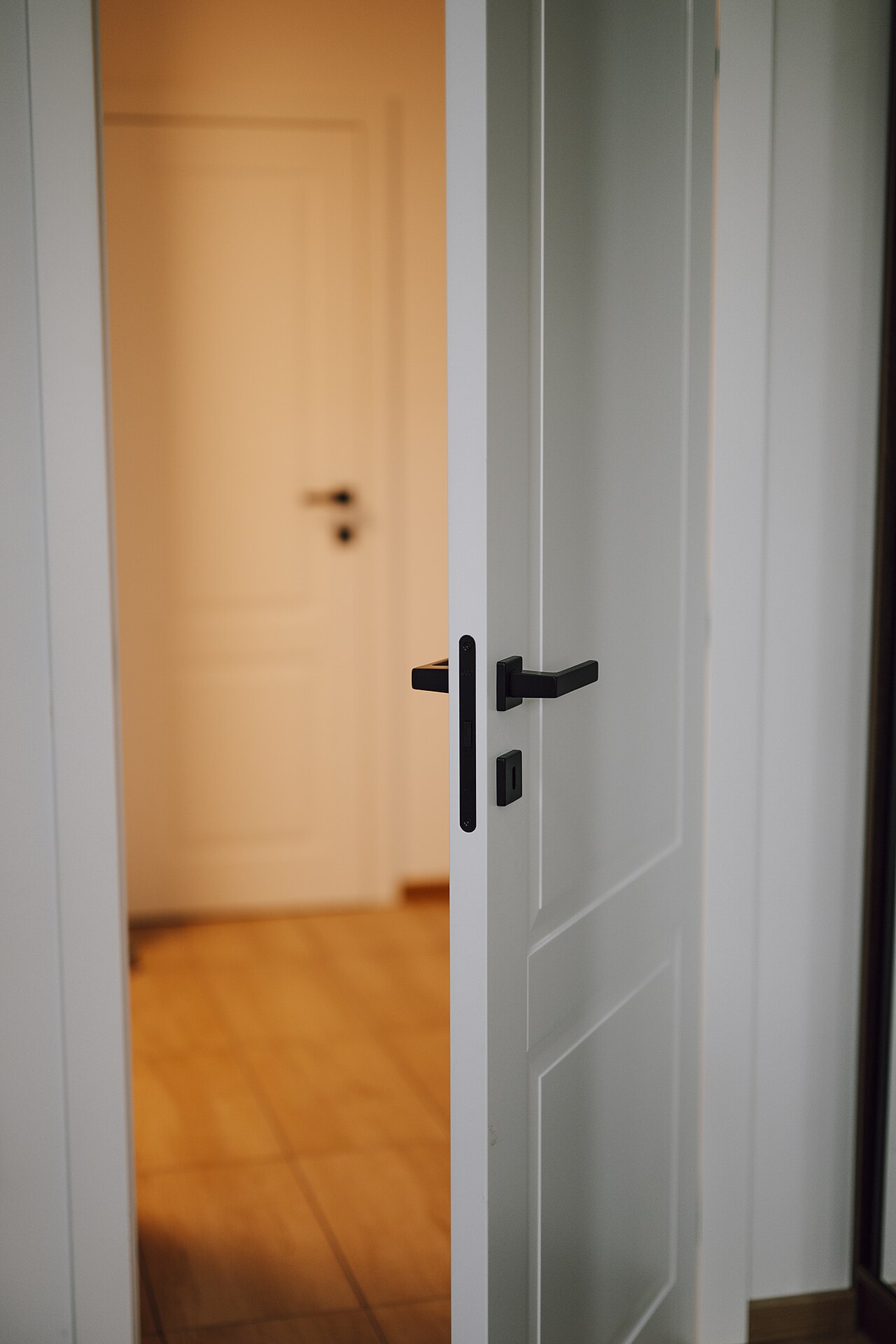 Solid interior door with black hardware opening onto a wood-floored hallway