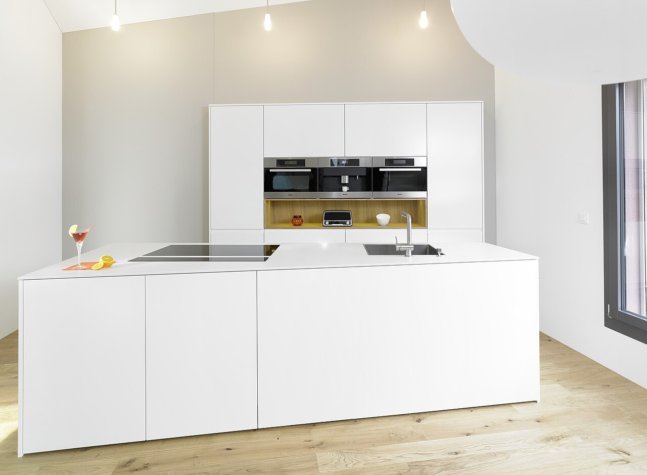 White handleless kitchen island with built-in ovens