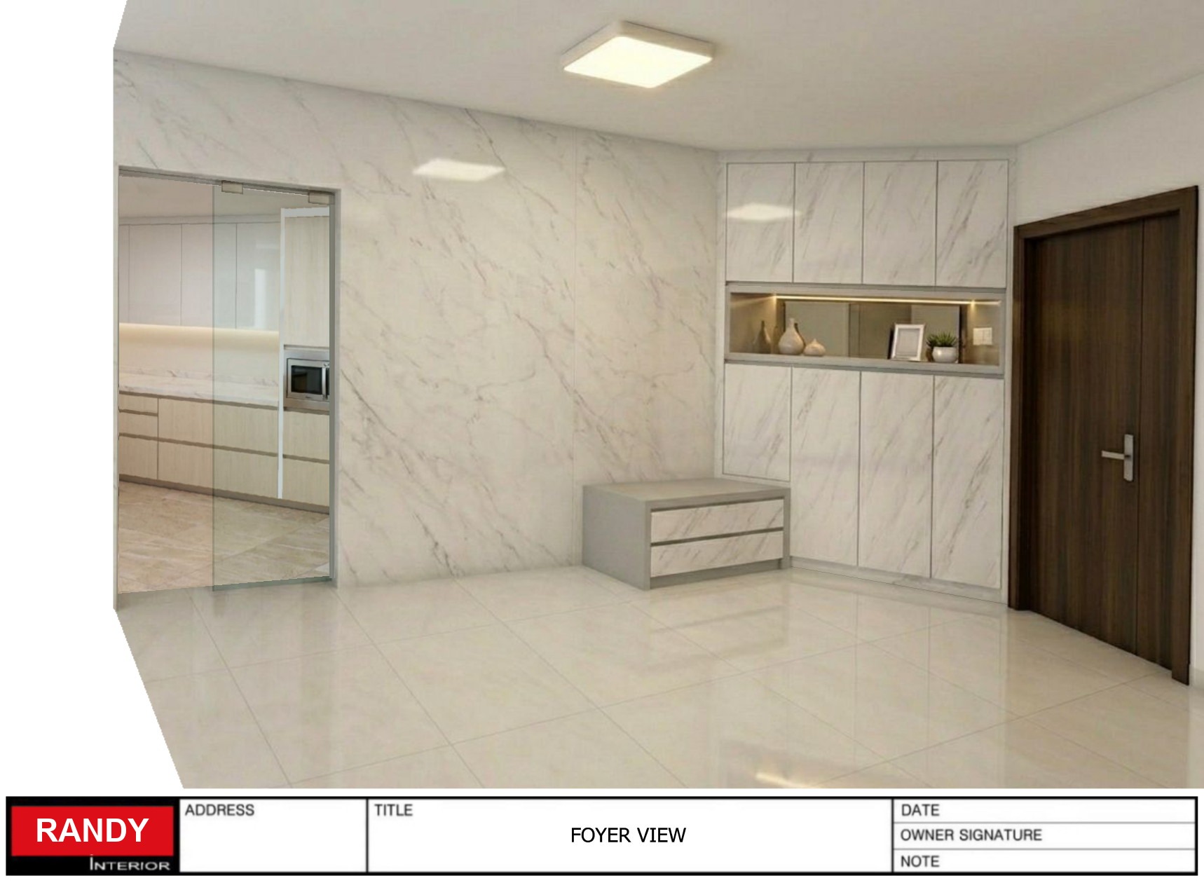 3D render of a marble-clad foyer with a mirrored sliding door and display shelving