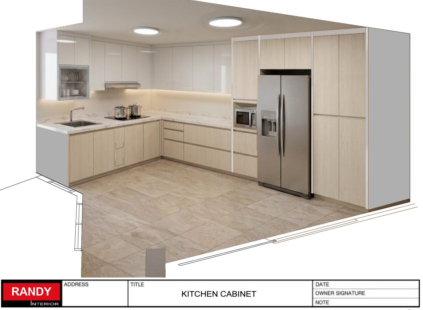 3D render of an L-shaped kitchen with full-height fridge and pantry cabinetry