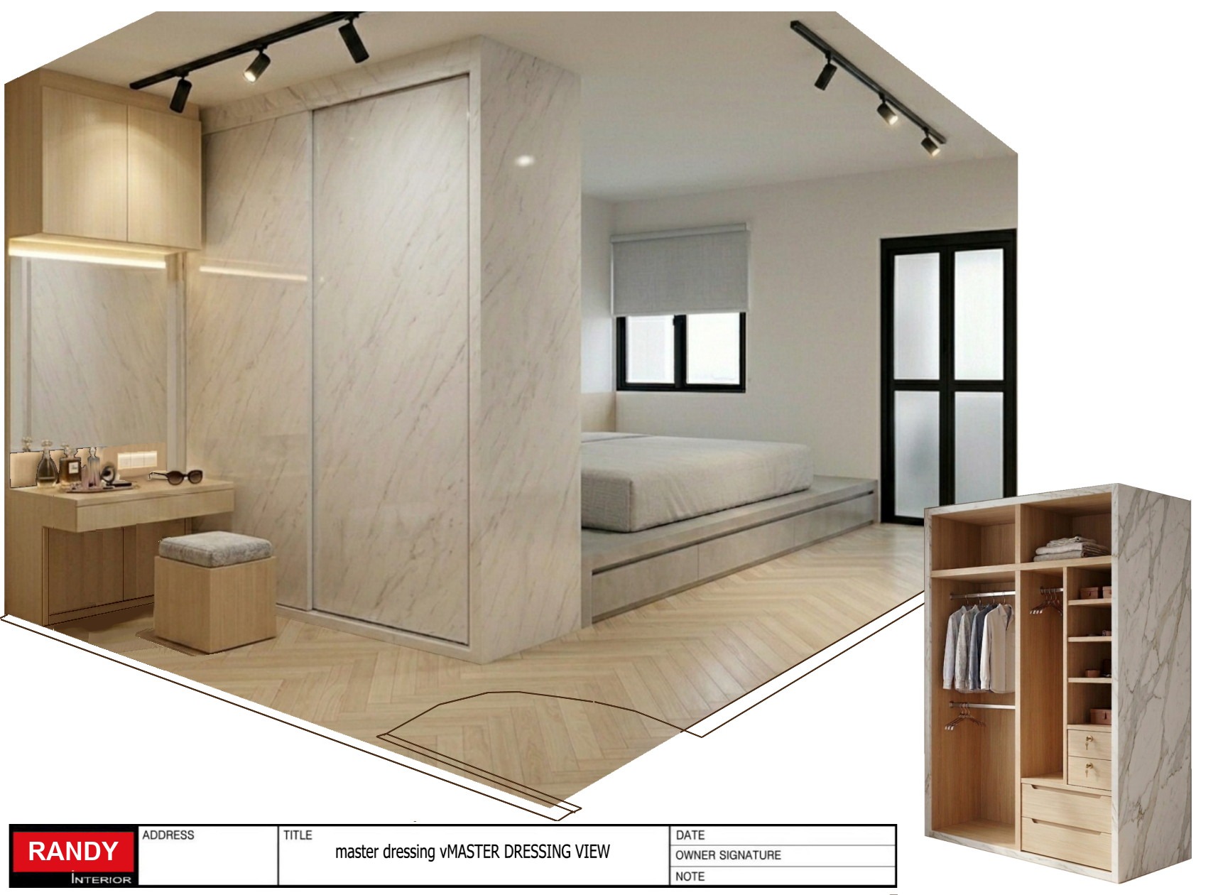 3D render of a master bedroom dressing area with sliding wardrobe and vanity