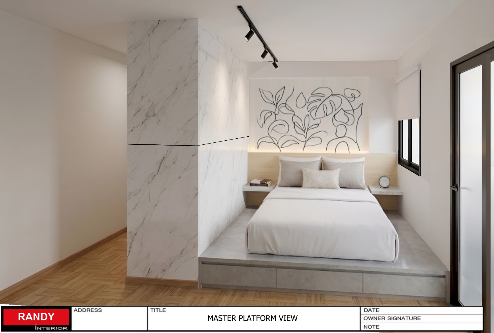 3D render of a master bedroom platform bed against a marble feature wall