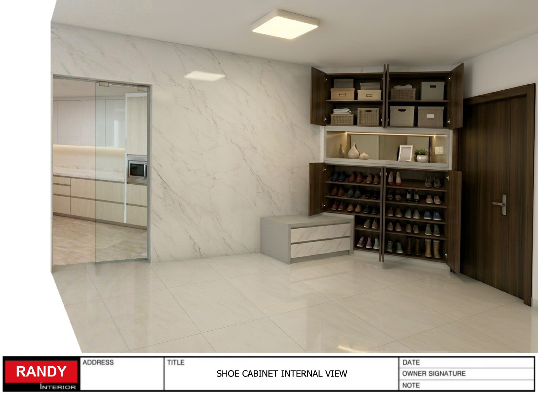 3D render of a foyer shoe cabinet with open shelving showing storage layout