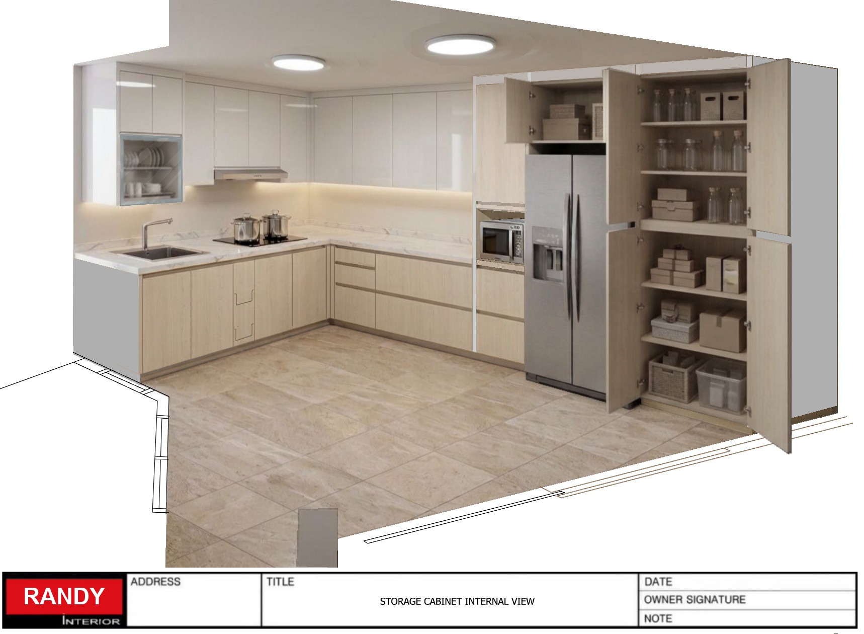 3D render of a tall kitchen storage cabinet with shelves open showing internal layout